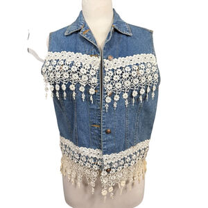 Vintage Loco Club Denim Vest Lace Crochet Fringe Size Medium